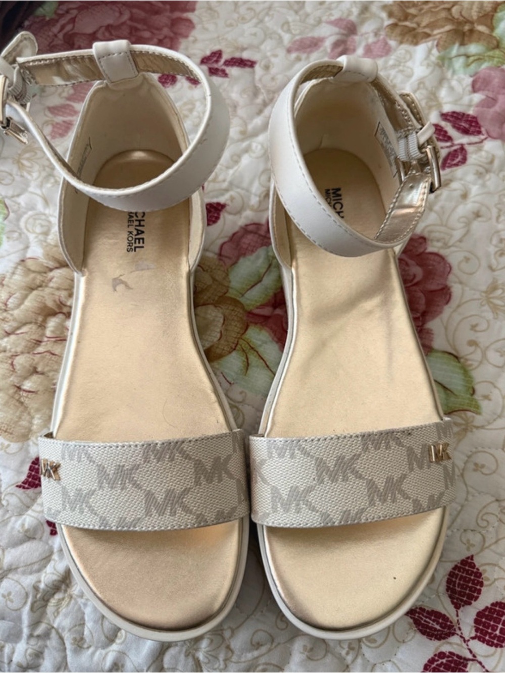 Michael Kors Cream & Gold Logo Ankle-Strap Sandals